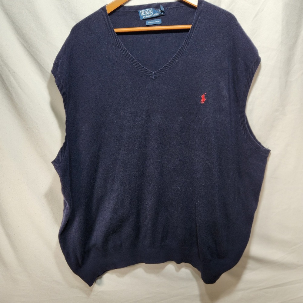 Polo Ralph Lauren Mens Sz 3XB Sweater Vest Blue Pima Cotton V-Neck Red Pony Logo
